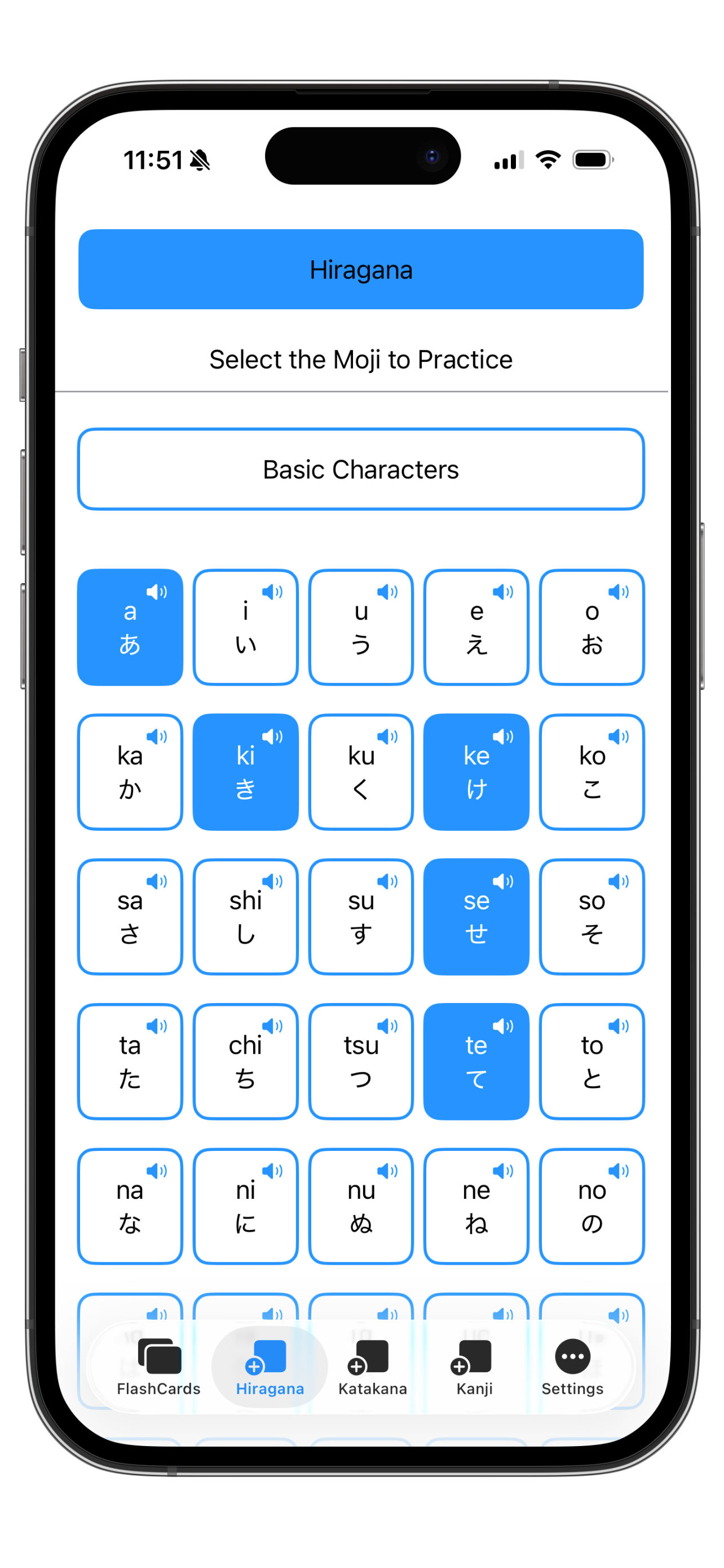 Moji FlashCards screen for selecting Hiragana cards